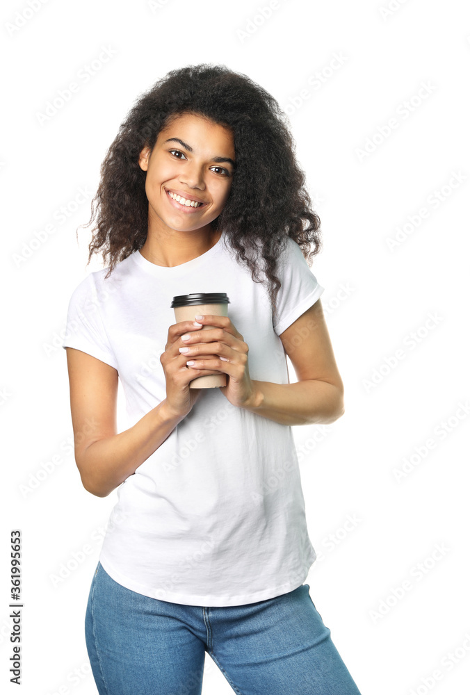 Beautiful african woman holding coffee in hand isolated on white background Beautiful african woman holding coffee in hand isolated on white background