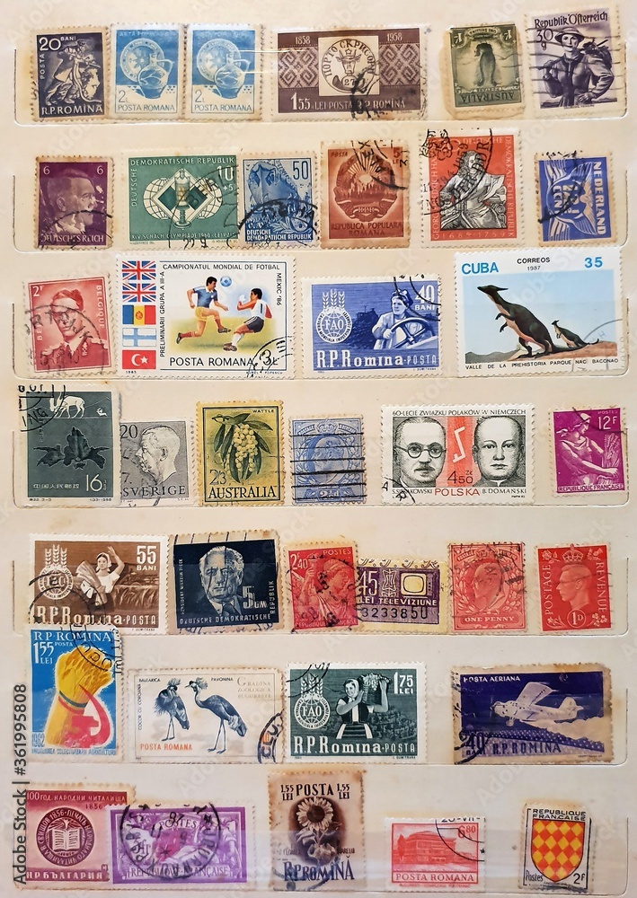Obraz premium many old stamps on a philately catalog page 02.Jul.2020 in Sovata city - Romania