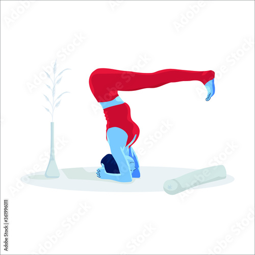 Young woman in yoga pose on floor. Spiritual practice, yoga and breathing exercise. Flat cartoon vector illustration.