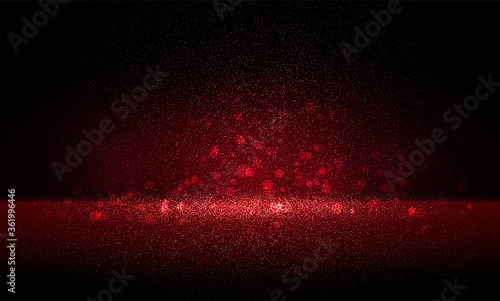Luxury red gold glitter particles on black background. Red glowing lights magic effects. Glow sparkles, vector illustration.