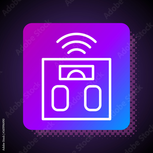 White line Smart bathroom scales icon isolated on black background. Weight measure equipment. Internet of things concept with wireless connection. Square color button. Vector.