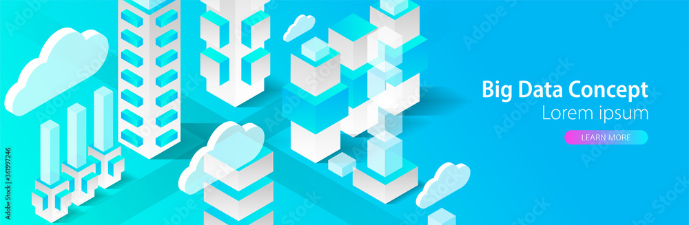 Isometric big data flow processing concept, cloud database. Abstract technology background. Isometric big data flow processing concept, cloud database. Abstract technology background.