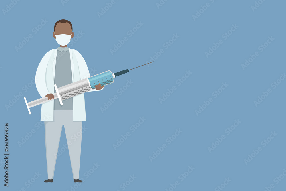 African doctor hold syringe. Medical poster with copy space. Vector illustration. African doctor hold syringe. Medical poster with copy space. Vector illustration.