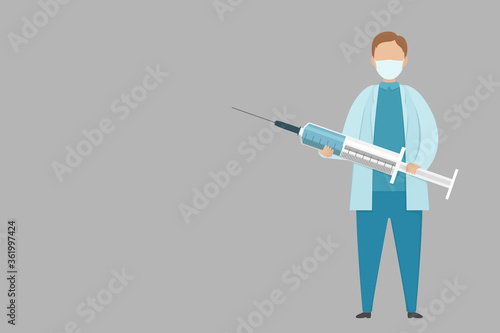 Doctor hold syringe. Medical poster with copy space. Vector illustration.