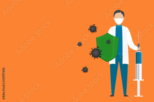 Doctor hold syringe and shield. COVID-19 treatment. Vector illustration.