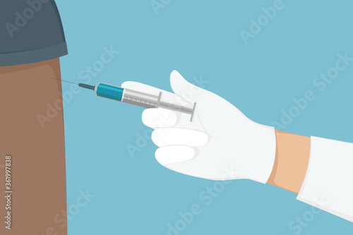 Doctor in gloves administer vaccine. Cartoon style. Vector illustration.