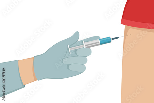 Doctor injecting vaccine. Cartoon style. Vector illustration.