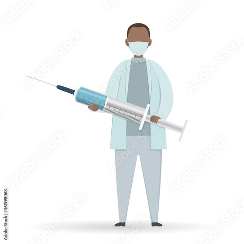 African doctor hold syringe. Cartoon style. Vector illustration.