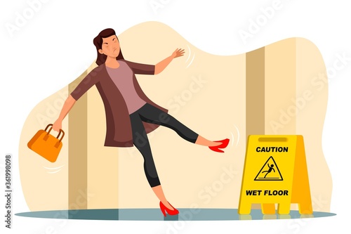 Vector woman falling on wet floor in corridor