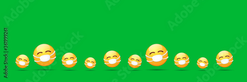 Vector Emoji nurse stickers set with mouth medical protection mask isolated on green horizontal background. Yellow smile face character with white surgeon mask. Self isolation concept ilustration