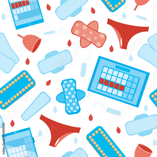 Seamless pattern with absorbent pads, tampons, underpants, a calendar as a backdrop or wallpaper, flat vector stock illustration as a concept for choosing during menstruation
