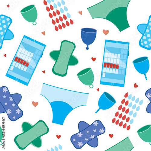 Seamless pattern with absorbent pads, underpants, menstrual cap, calendar as backdrop or wallpaper, flat vector stock illustration as a concept of green menstruation