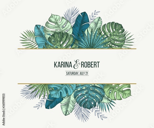 Vector vintage card. Wedding invitation. Trendy Summer Tropical Leaves Design