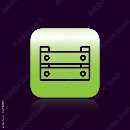 Black line Wooden box icon isolated on black background. Grocery basket, storehouse crate. Empty wooden container for vegetables, products. Green square button. Vector.