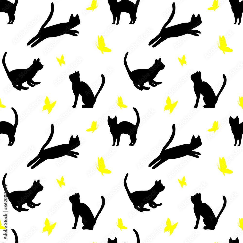 Black cat catching yellow butterfly Black cat catching yellow butterfly