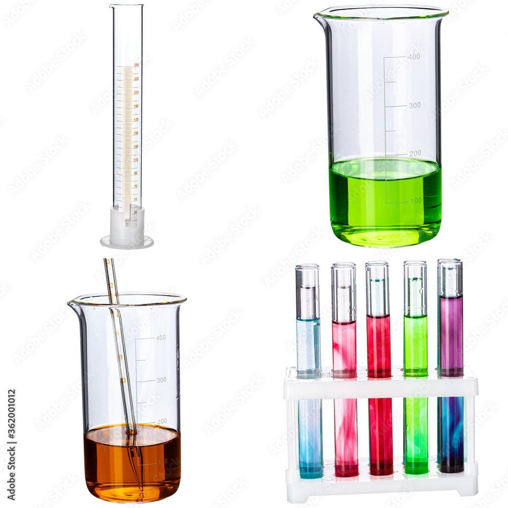 Collage of laboratory glassware on white background Collage of laboratory glassware on white background