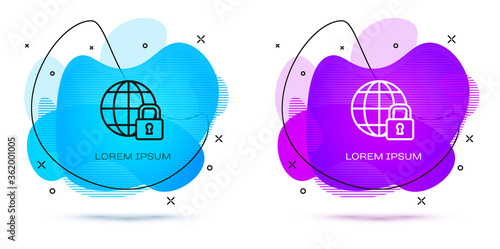 Line Global lockdown - locked globe icon isolated on white background. Abstract banner with liquid shapes. Vector.