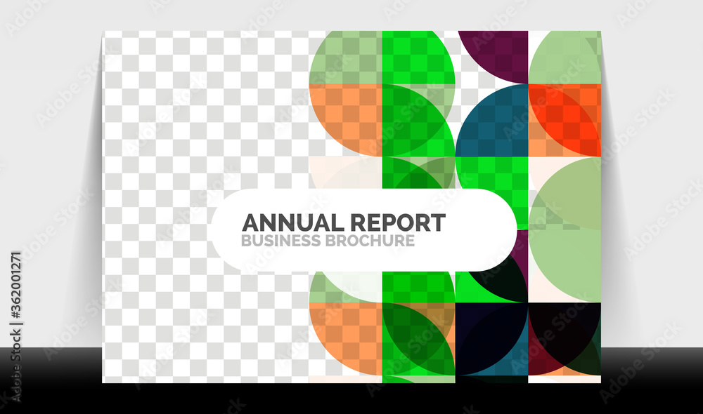 Horizontal A4 business flyer annual report template, circles and triangle style shapes modern geometric design for brochure layout, magazine or booklet Horizontal A4 business flyer annual report template, circles and triangle style shapes modern geometric design for brochure layout, magazine or booklet