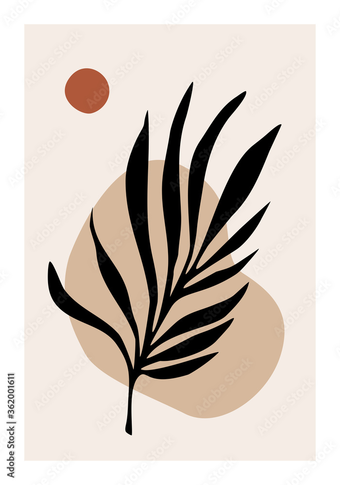 Minimal branch with leaves, vector summer sunset illustration