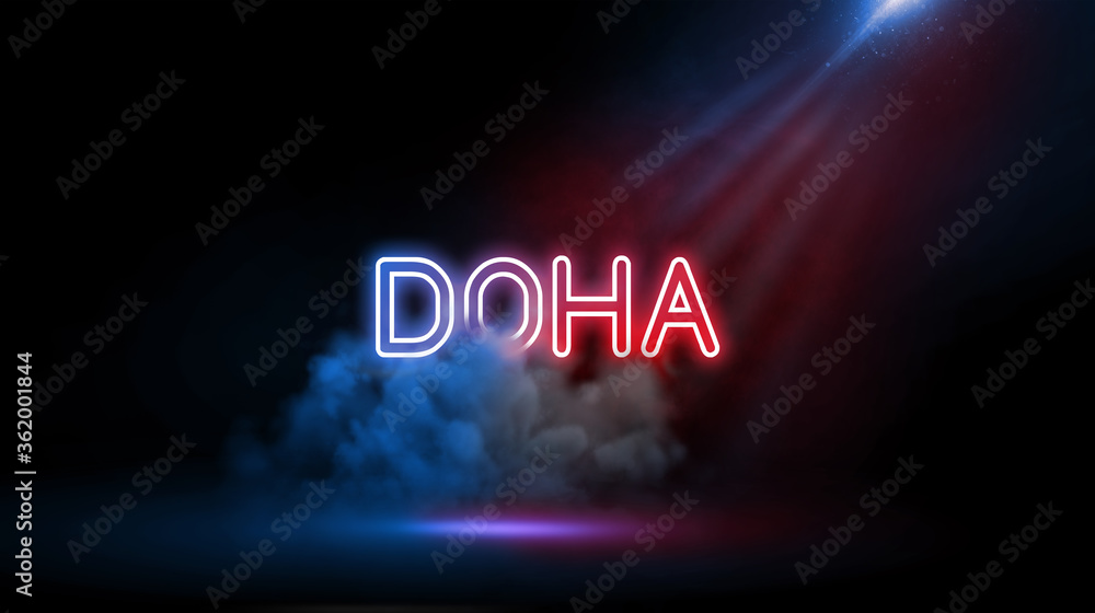 Doha, Qatar | City name in neon light effect, Studio room environment with smoke and spotlight.