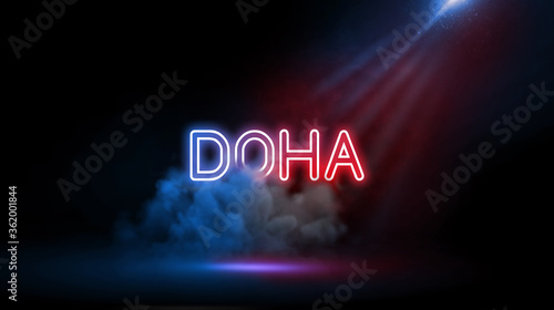 Doha, Qatar | City name in neon light effect, Studio room environment with smoke and spotlight.