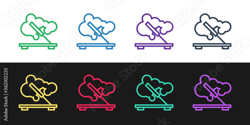 Set line Scented spa stick on a wooden stand icon isolated on black and white background. Incense stick. Cosmetic procedure aromatherapy. Vector.