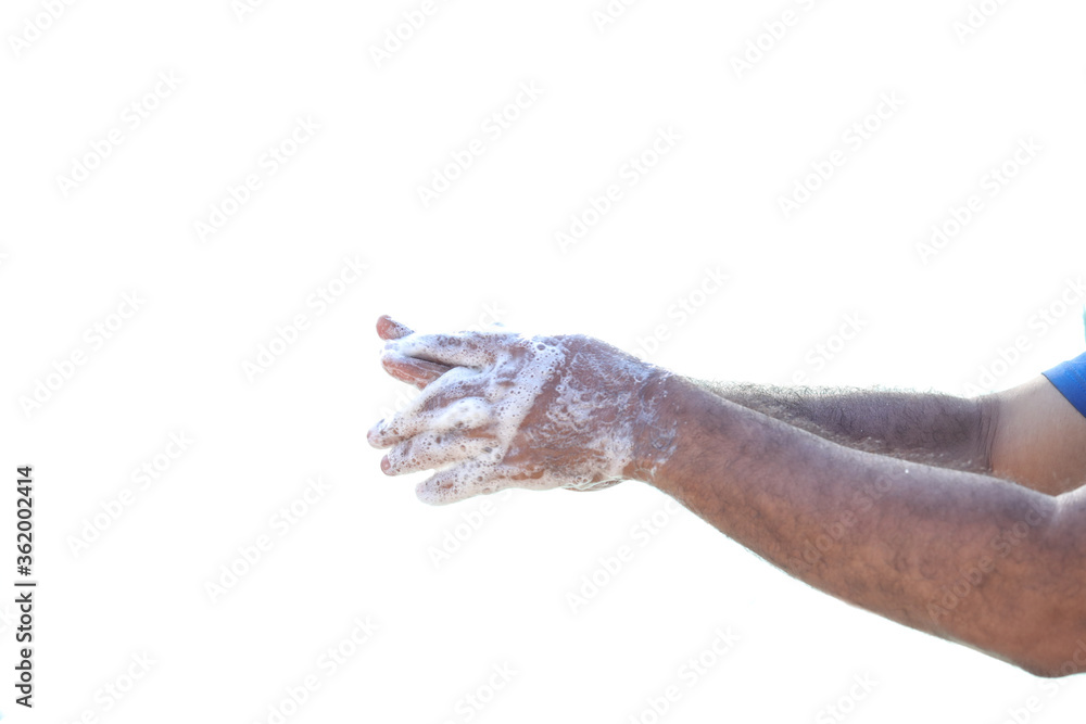 Fototapeta premium Corona virus travel prevention man showing hand hygiene washing hands with soap in hot water for coronavirus germs spreading protection.