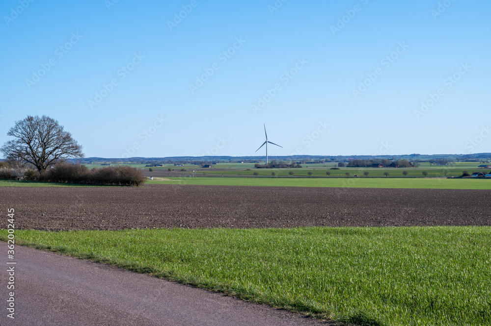 A lonely wind power plant stands in the middle of the farmlands in Skåne (Scania) in southern Sweden