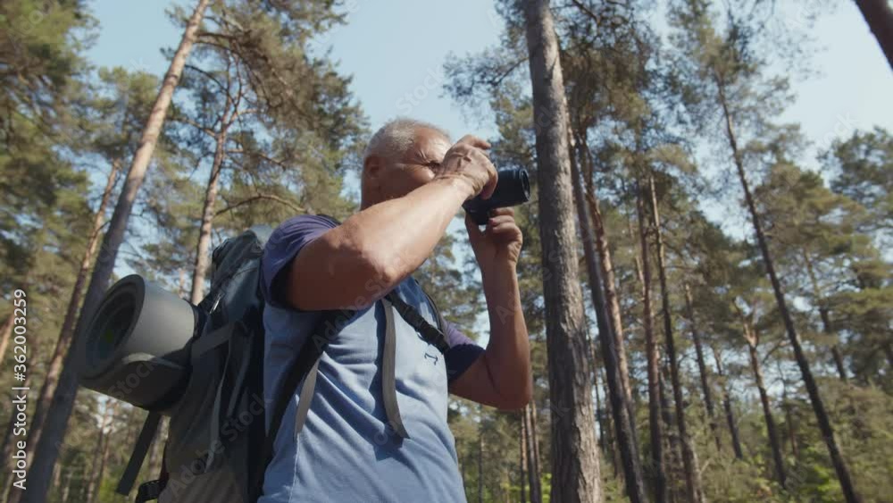 Senior man on hiking trip taking photos in forest with digital camera Senior man on hiking trip taking photos in forest with digital camera