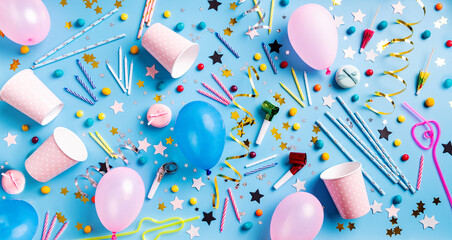 Birthday party backgroung with balloons, confetti, candles, candies and other party supplies top view flat lay