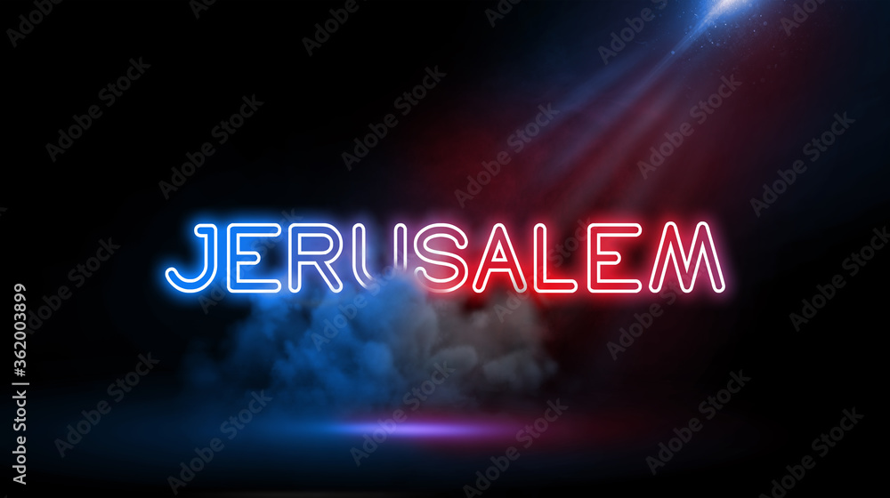 Jerusalem is a city in the Middle East | Country name in neon light effect, Studio room environment with smoke and spotlight. Jerusalem is a city in the Middle East | Country name in neon light effect, Studio room environment with smoke and spotlight.