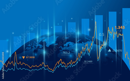 3D Earth Globe with graphics and charts. World business and economics concept. Stock market, forex and world investment. Financial investment and economic trends. Vector illustration