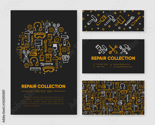 Set of templates with working tools for home repair, building, construction, renovation. Design element, outline set, icons of industrial equipment. Vector illustration. Bright yellow and white color.