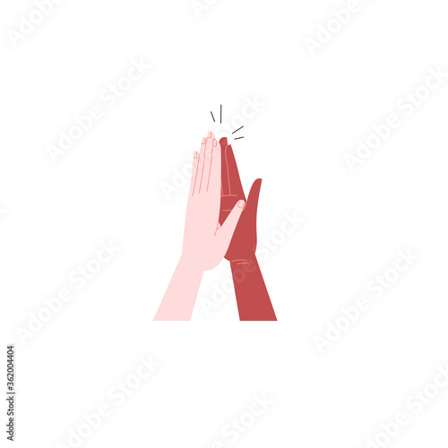 Flat illustration of black and white hand holding each other. Solidarity high five. Unity concept