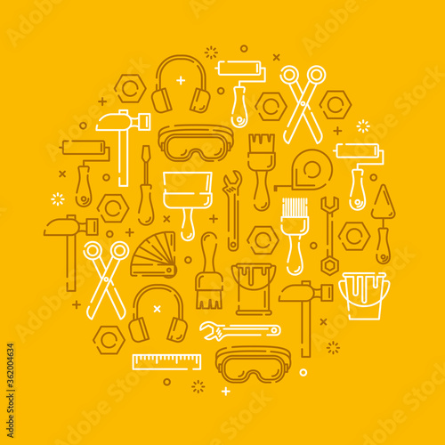 Design element with working tools for home repair, building, construction, renovation. Vector outline icons. Different industrial equipment. Bright yellow color background.