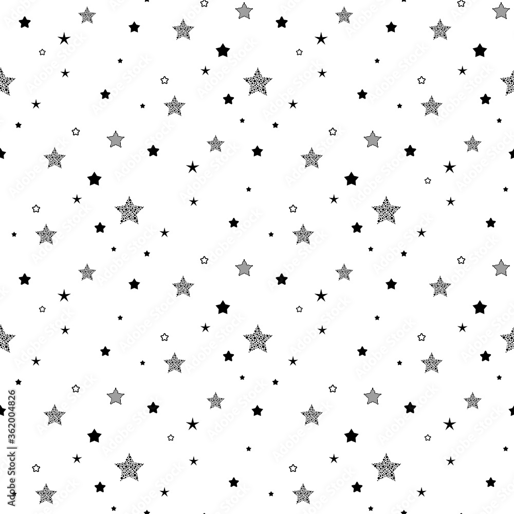 Obraz premium Seamless cute pattern with little different black stars, dots and circles on white background.