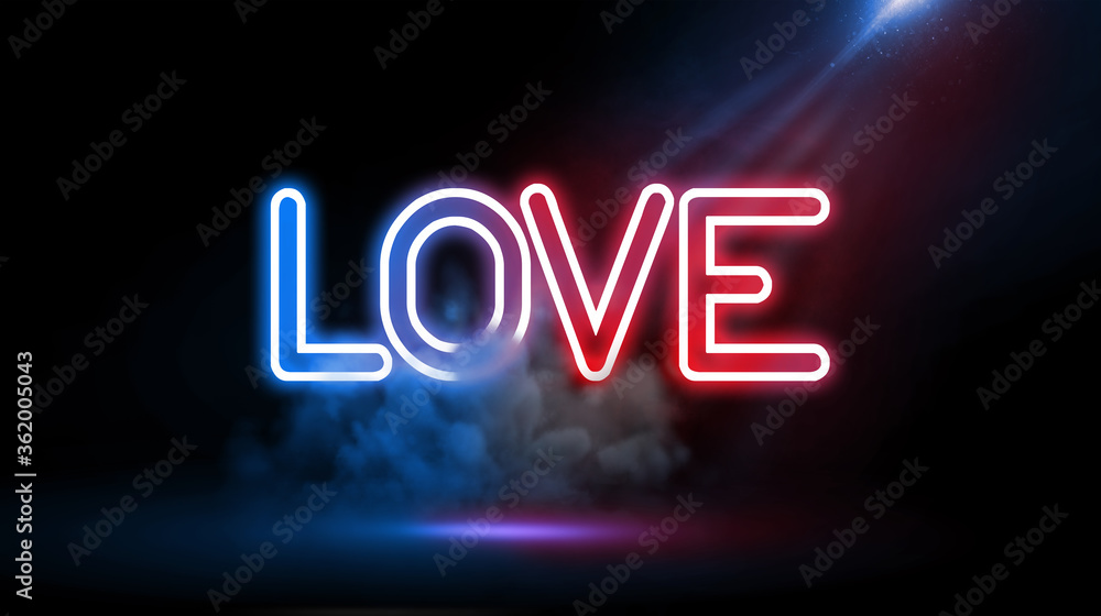 Word Love, Neon light effect, Studio room environment with smoke and spotlight. Word Love, Neon light effect, Studio room environment with smoke and spotlight.