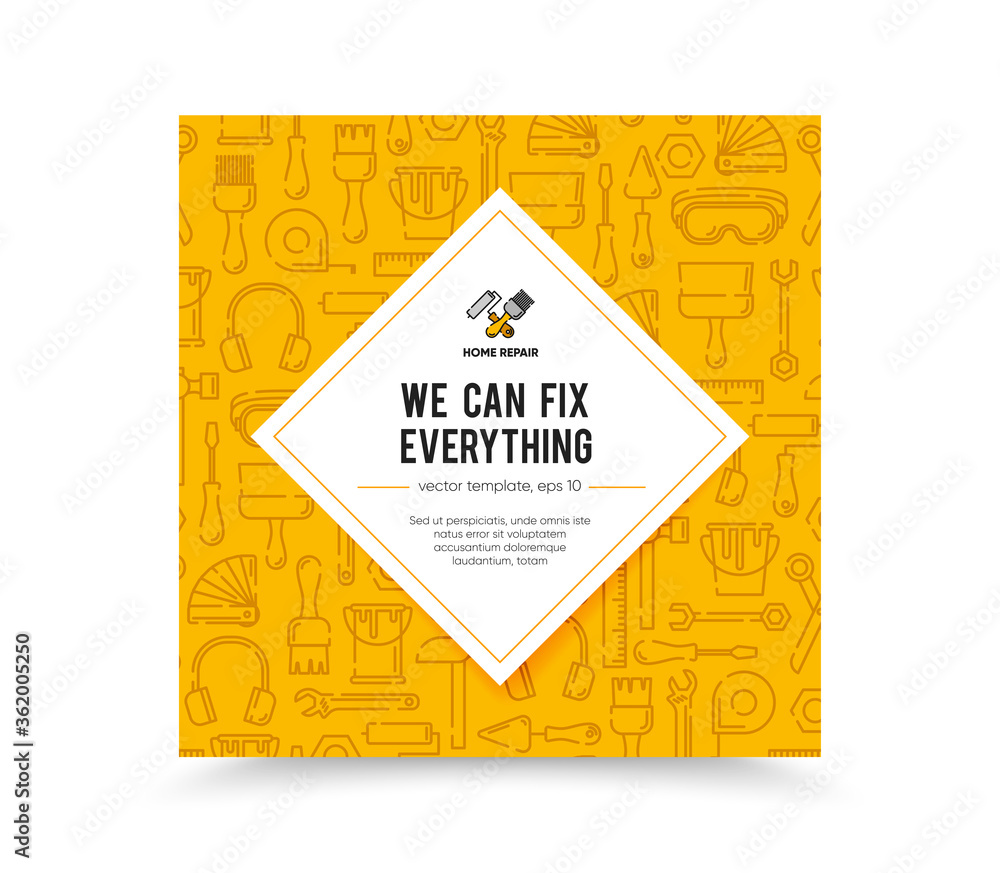 Template with working tools pattern for home repair, building, construction, renovation. Vector illustration. Home repair logo. Copy text place. Bright yellow color. Template with working tools pattern for home repair, building, construction, renovation. Vector illustration. Home repair logo. Copy text place. Bright yellow color.