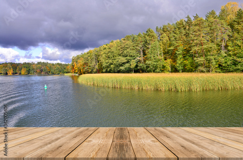 Perspective view from the wooden floor of the autumn landscape