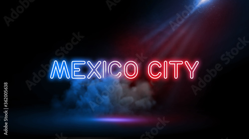 MEXICO, City name in neon light effect, Studio room environment with smoke and spotlight.