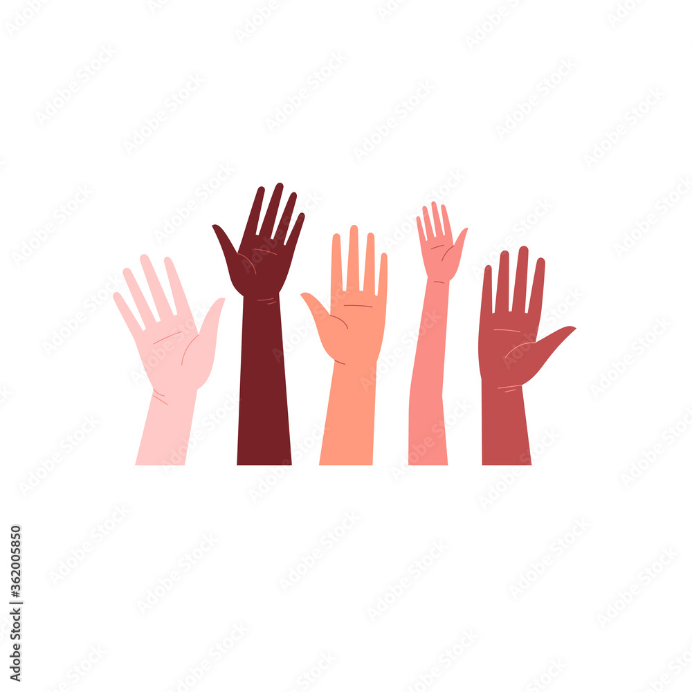 Flat illustration of hands of different colors holding up together. Solidarity protest. Unity concept Flat illustration of hands of different colors holding up together. Solidarity protest. Unity concept