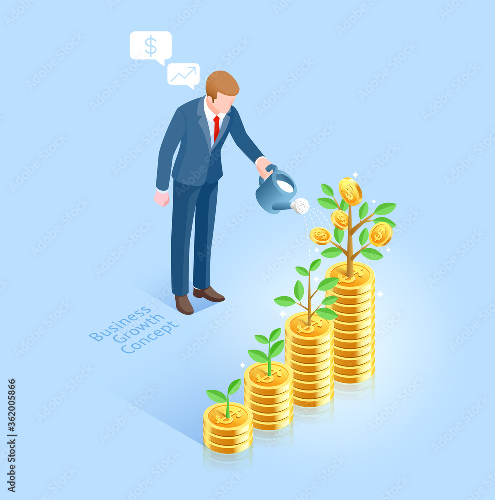 Business growth concept. Business man with pot watering money tree. Vector Isometric illustrations. Business growth concept. Business man with pot watering money tree. Vector Isometric illustrations.