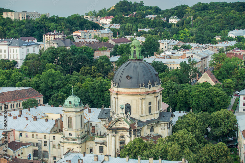 aerial view on Dominican cathedral and other Lviv historical buildings in Ukraine