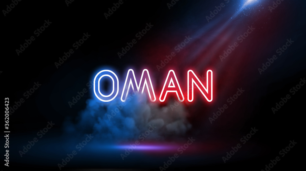 Oman, officially the Sultanate of Oman. Neon light in Wall of Studio Room with Spotlight and Smoke.