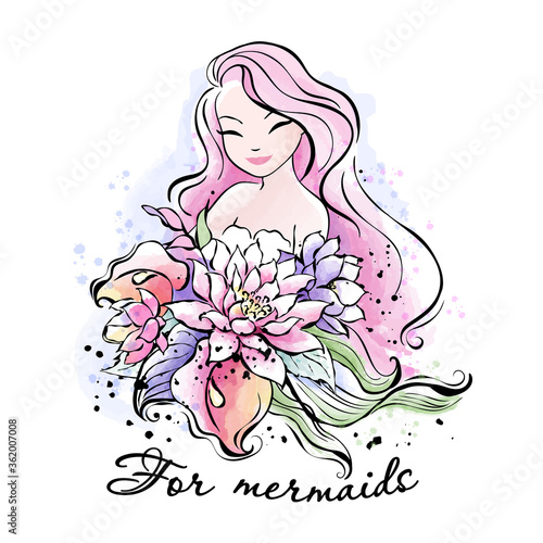Art. Beautiful pink hair mermaid with a bouquet of flowers. Print for clothes and fabrics. Fashionable ink and watercolor style. For mermaid text.