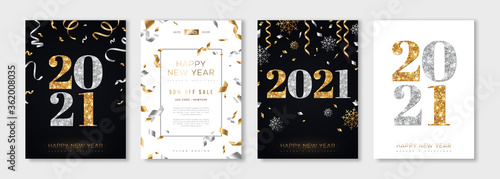 Christmas and New Year posters set with gold and silver confetti and 2021 numbers. Vector illustration. Winter holiday invitations with snowflakes and streamers