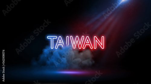 Taiwan, officially the Republic of China, is a country in East Asia. Country name in Studio room with Neon lights.