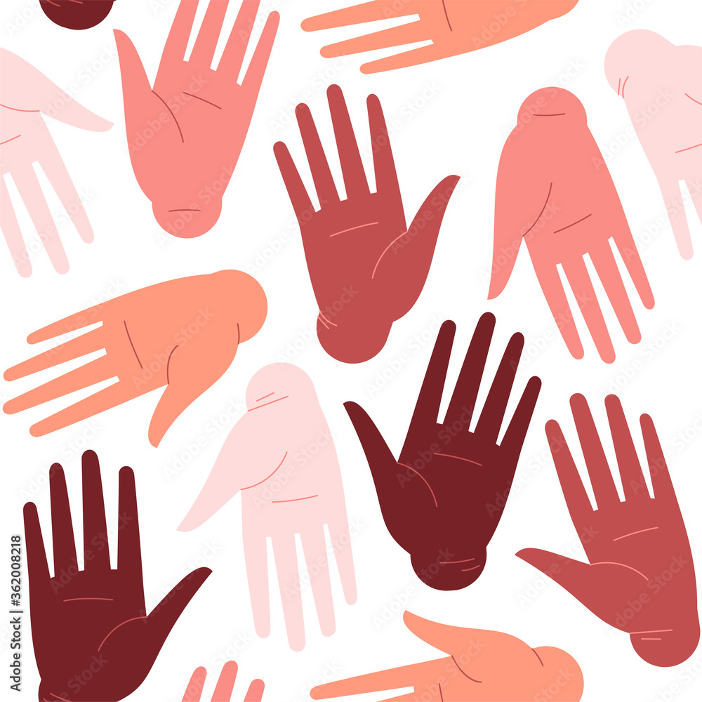 Fototapeta premium Seamles pattern of differently rotated palms of different skin tones on a white background