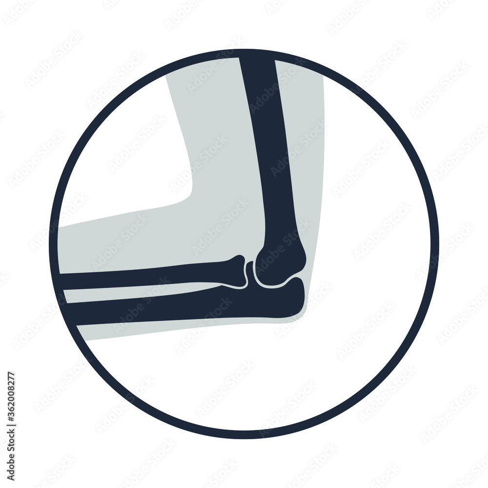Elbow joint icon. Symbol human cubit joint in the circle isolated on white background. Bones of hand graphic sign. Flat design. Vector illustration Elbow joint icon. Symbol human cubit joint in the circle isolated on white background. Bones of hand graphic sign. Flat design. Vector illustration