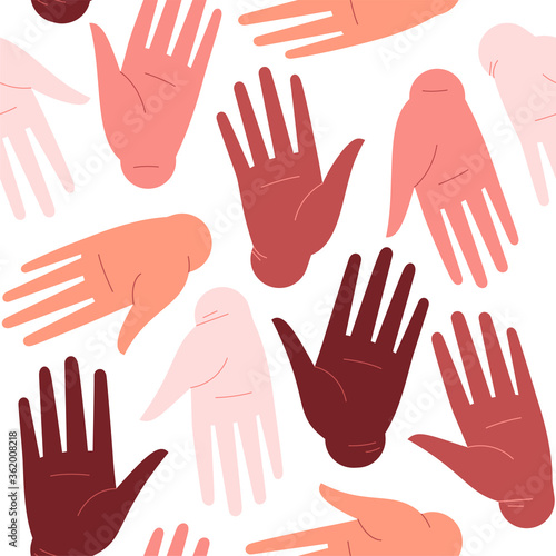Seamles pattern of differently rotated palms of different skin tones on a white background